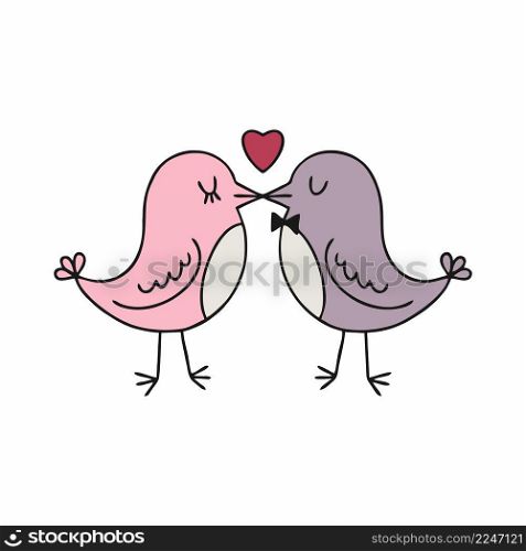 Two cute birds kiss each other. Vector flat illustration with birds for Valentine’s day. Sticker for decorating a wedding card
