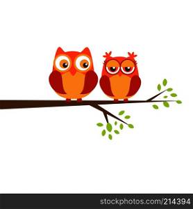 Two cute brighyowls on the tree branch. Vector illustation for greeting card invitation, textile, banner, web and print design. Two cute owls on the tree branch