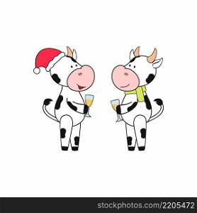 Two cute bulls in Santa Claus hat and with ch&agne celebrate the New year and have fun. Symbol of the year 2021 according to the Chinese calendar. Vector sticker for greeting cards, greetings, apps