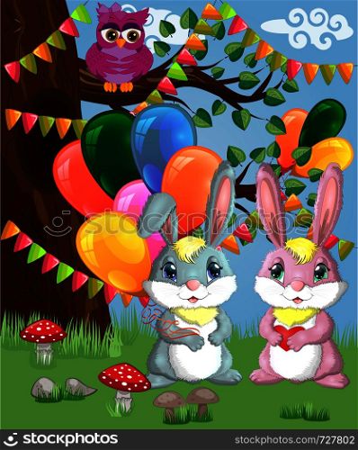 Two cute bunny with balls in a forest glade. Boy and girl, concept spring, love, postcard. Two cute bunny with balls in a forest glade. Boy and girl, concept spring, love