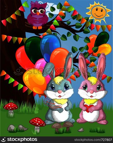 Two cute bunny with balls in a forest glade. Boy and girl, concept spring, love, postcard. Two cute bunny with balls in a forest glade. Boy and girl, concept spring, love