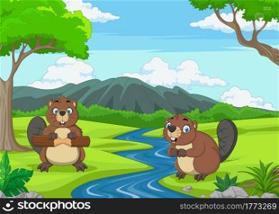 Two cute cartoon beavers in the jungle
