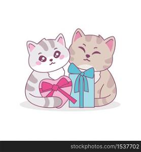Two cute cartoon cat with gift box vector graphic illustration. Adorable domestic animal congratulations with anniversary, birthday, valentine day, holiday isolated on white. Colorful pet character. Two cute cartoon cat with gift box vector graphic illustration