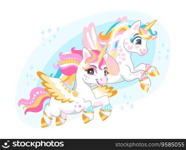 Two cute cartoon character unicorns flying it the sky. Vector illustration isolated on white background. Happy magic unicorn. For print, design, poster, sticker, card, decoration, t shirt,kids clothes. Two cartoon cute character flying unicorns vector