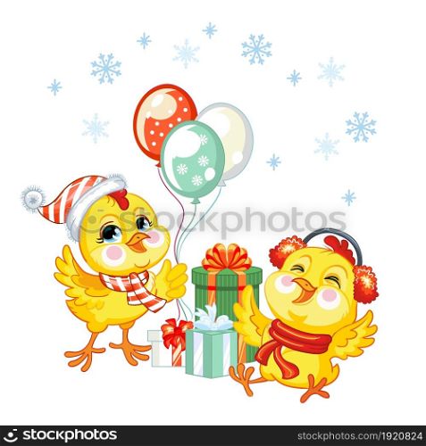 Two cute cartoon chicken characters in Christmas hats with presents and balloons. Vector isolated illustration. Christmas funny animals. For cards, posters, design, stickers, decor, kids apparel. Little funny s Christmas set vector illustration