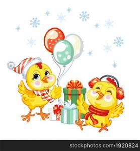 Two cute cartoon chicken characters in Christmas hats with presents and balloons. Vector isolated illustration. Christmas funny animals. For cards, posters, design, stickers, decor, kids apparel. Little funny s Christmas set vector illustration