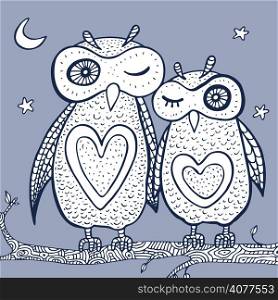 Two cute decorative owls. Vector hand drawn cartoon illustration.