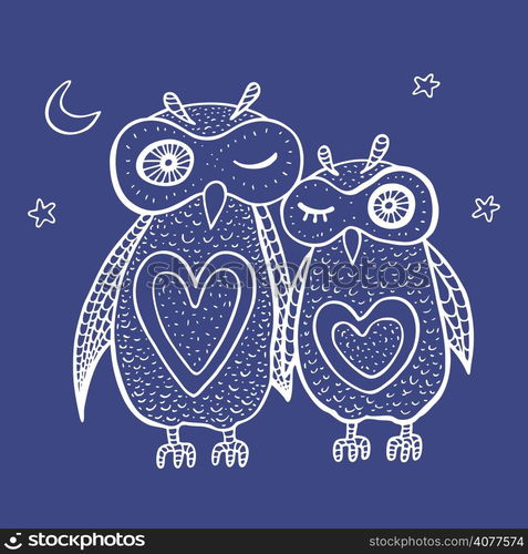 Two cute decorative owls. Vector hand drawn cartoon illustration.