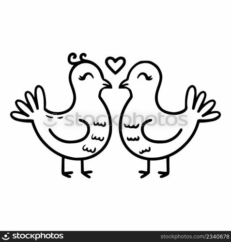 Two cute doodle pigeons. Birds and kiss. Vector icon doves. Decorative element of wedding card. Sticker for Valentine Day.