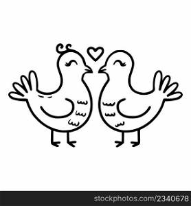 Two cute doodle pigeons. Birds and kiss. Vector icon doves. Decorative element of wedding card. Sticker for Valentine Day.