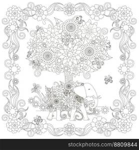 Two cute elefant under tree colorful page for web, for print. Floral monochrome tin line illustration for adult, for children stock