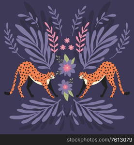 Two cute hand drawn cheetahs stretching on dark purple background with exotic plants. Flat vector illustration