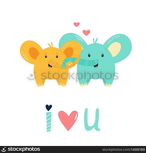 Two cute happy elephants in love. Vector illustration for baby shower cards, invitations, kids prints. Two cute happy elephants in love. Vector illustration