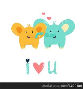 Two cute happy elephants in love. Vector illustration for baby shower cards, invitations, kids prints. Two cute happy elephants in love. Vector illustration