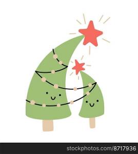 Two cute happy lover Christmas trees couple. Line hand drawn Merry xmas and Happy New Year colour isolated illustration for the celebration of winter holidays.. Two cute happy lover Christmas trees couple. Line hand drawn Merry xmas and Happy New Year colour isolated illustration for the celebration of winter holidays
