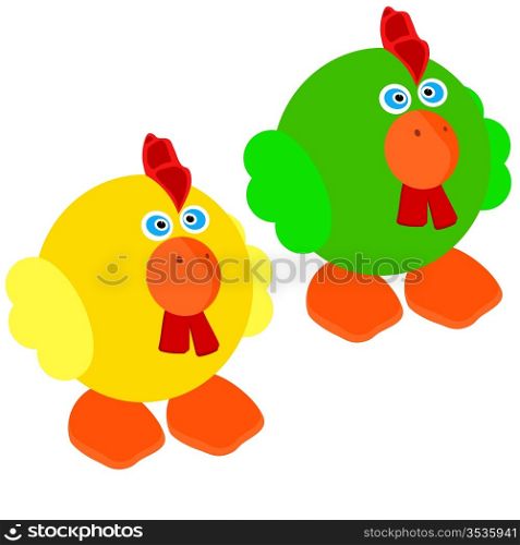 Two cute little rooster on a white background