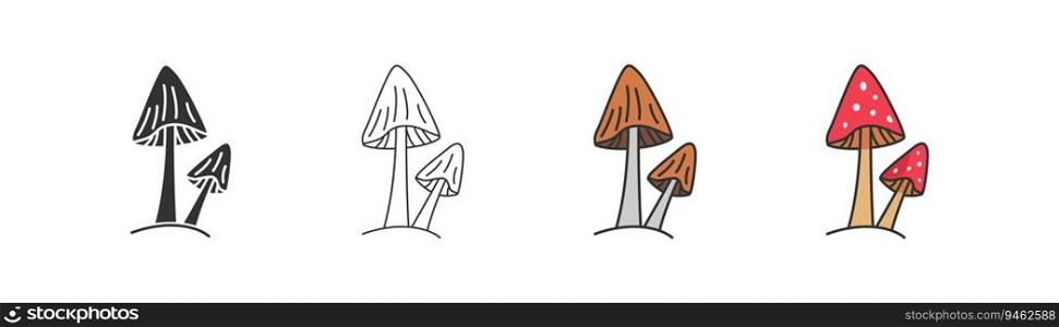Two cute mushrooms hand drawn icon. Forest symbol. Mood, agaric, harvest, food sketch vegetable. Flat design for web UI. Outline, flat and colored style. Vector illustration.