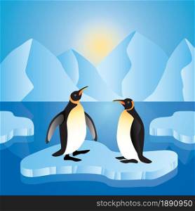 Two cute penguins on ice floe. Vector illustration.