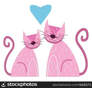 Two cute purple cats in love, vector, color drawing or illustration.