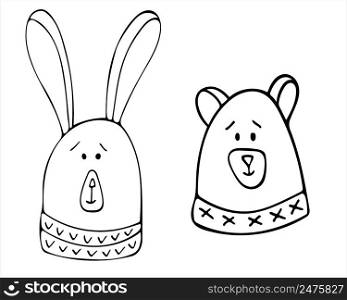 Two Cute rabbit and bear faces doodle illustration. Hand drawn baby vector.. Two Cute rabbit and bear faces doodle illustration. Hand drawn baby vector