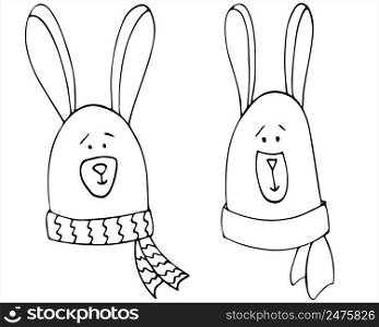Two Cute rabbits faces doodle illustration. Hand drawn baby vector.. Two Cute rabbits faces doodle illustration. Hand drawn baby vector