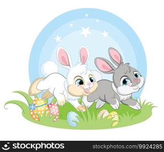 Two cute rabbits running on spring grass with Easter eggs. Colorful illustration isolated on white background. Cartoon character rabbit easter concept for print, t-shirt, design, sticker and decorating. Two easter bunnies running on spring grass