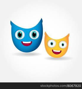 Two cute smiling owls isolated on white background.. Two cute smiling owls isolated on white background. Vector illustration of cartoon owls in bright blue and yellow colors. Friendship concept.