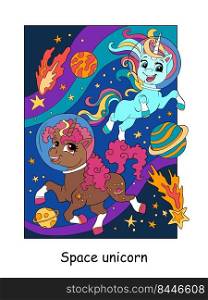 Two cute unicorns in space. Vector colorful cartoon illustration isolated on white background. For coloring book, education, print, game, decor, puzzle, design. Cute unicorns in space color vector illustration