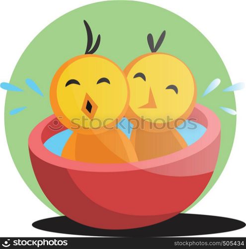 Two cute yellow chick bathing illustration web vector on white background