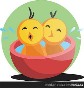Two cute yellow chick bathing illustration web vector on white background