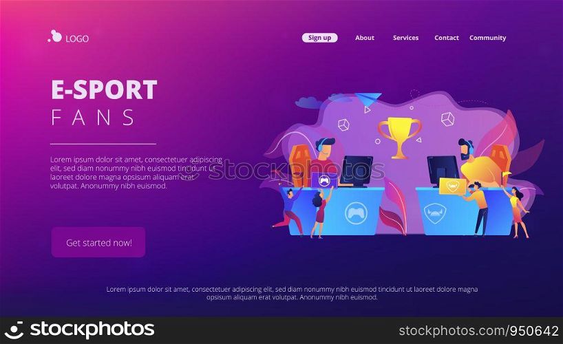 Two cyber sport players at computers competing for a trophy and fans cheering with flags. E-sport fans, computer game fan, e-sport fan club concept. Website vibrant violet landing web page template.. E-sport fans concept landing page.