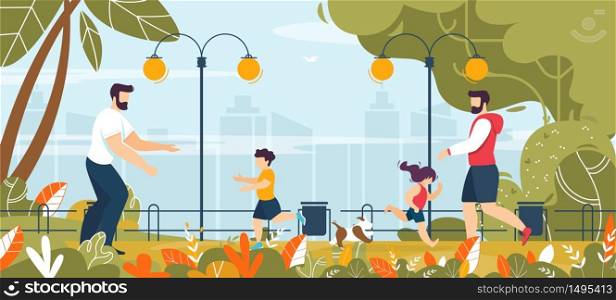 Two Daddies Walking with Children in Urban City Park Cartoon. Fathers Day. Happy Weekends. Parents, Son, Daughter and Pet. Green Garden with Lanterns, Trash Bins. Vector Flat Illustration. Two Fathers Walking with Children in Park Cartoon