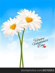 Two daisies with heart shaped middles. Valentine&rsquo;s Day background. Vector.