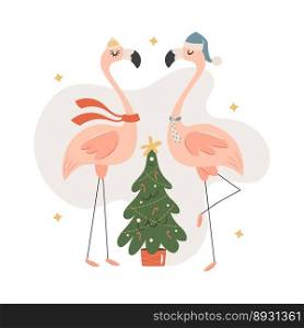 Two dancing flamingos celebrating Christmas. Vector illustration 