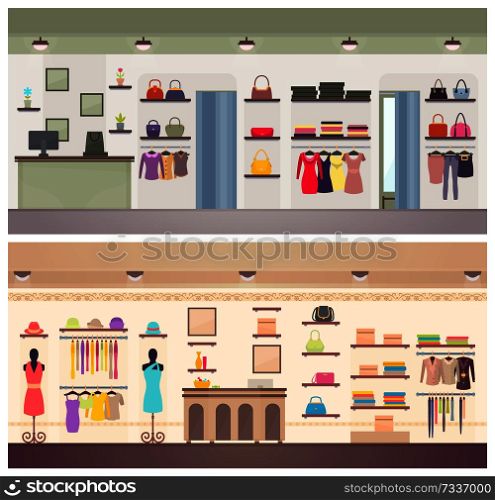 Two designs of lady clothing shops vector banner, illustration with dresses stylish handbags female hatstocks and other accessory, vogue store interiors. Two Designs of Female Clothing Shops Vector Banner