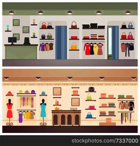Two designs of lady clothing shops vector banner, illustration with dresses stylish handbags female hatstocks and other accessory, vogue store interiors. Two Designs of Female Clothing Shops Vector Banner