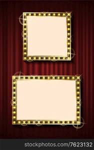 Two different size frames with small light bulb around. Bright mirror or background element. Golden illuminated neon decoration. Retro style vector. Light Bulbs Vintage Neon Glowing Banner Frame