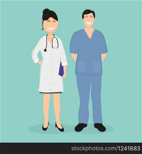 Two doctor in hospital, flat design vector illustration. Two doctor in hospital, flat design