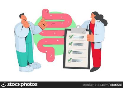 Two doctors brainstorm examine human intestine and digestive system, fill patient medical card. Therapists check person gastrointestinal tract and digestion. Good nutrition, diet. Vector illustration.. Doctors examine patient gastrointestinal tract