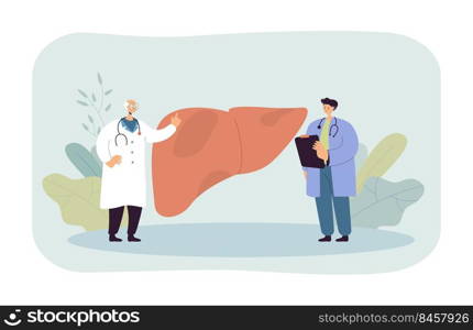 Two doctors discussing liver disease vector illustration. Senior professor expalining symptoms to young intern. Medicine, sickness concept for website design, landing page