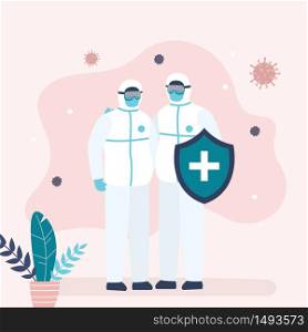 Two doctors in special protective uniforms. Medical workers holding security shield. Teamwork concept. Protection and control of viruses and bacteria. Humans characters in trendy style. Flat vector illustration