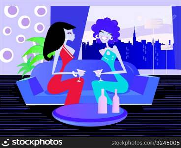 Two drinking girls sitting on the sofa in the night club. Lifestyle vector illustration.