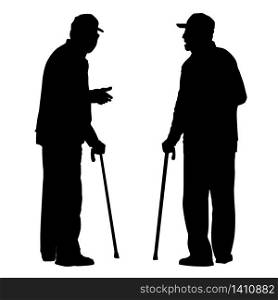 Two elderly men with cane standing and talking to each other on white background, vector illustration