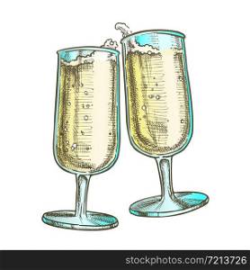 Two Elegance Champagne Glasses Color Vector. Couple Champagne Glassware With Festive Fizz Alcoholic Beverage. Engraving Mockup Designed In Vintage Style Illustration. Two Elegance Champagne Glasses Color Vector