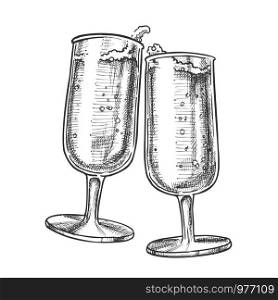 Two Elegance Champagne Glasses Monochrome Vector. Couple Champagne Glassware With Festive Fizz Alcoholic Beverage. Engraving Mockup Designed In Vintage Style Black And White Illustration. Two Elegance Champagne Glasses Monochrome Vector