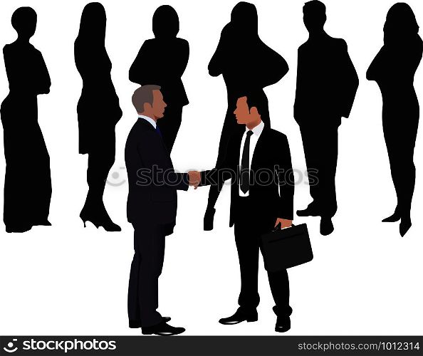two elegant people shake hands in front of colleagues