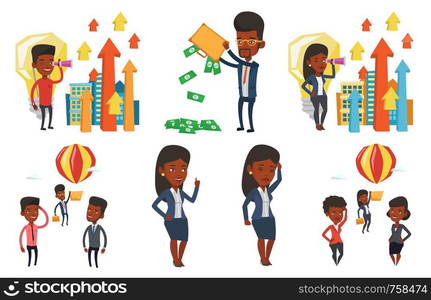 Two employees looking at their successful colleague. Hardworking employee flying away in balloon from less successful colleagues. Set of vector flat design illustrations isolated on white background.. Vector set of business characters.