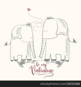 Two enamored elephants, greeting card of Valentine&rsquo;s Day and wedding, vector illustration