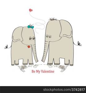 Two enamored elephants, greeting card of Valentine&rsquo;s Day and wedding, vector illustration