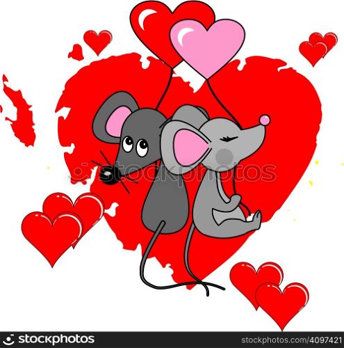Two enamoured mice sitting on red heart